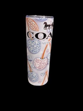 Coach Cherry Print Travel Tumbler - Light Blue, Pink & Gold Accents